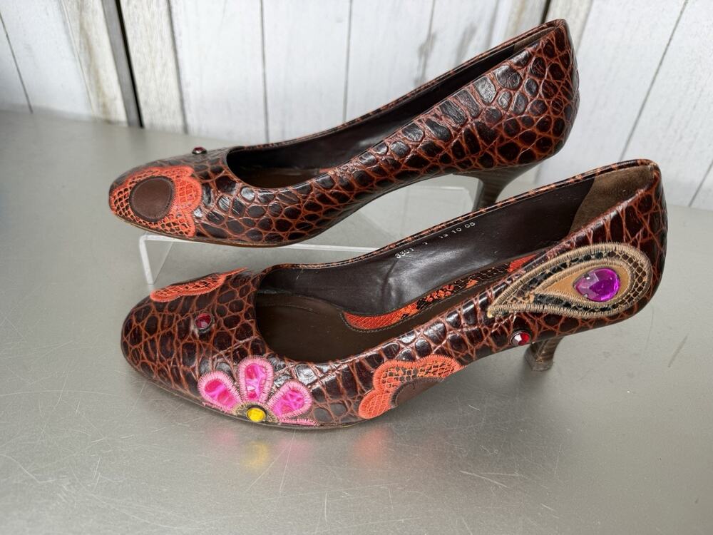 Cindy Says Couture Heels Retro Vibe Disco Flowers Croco Leather Y2k Size 7